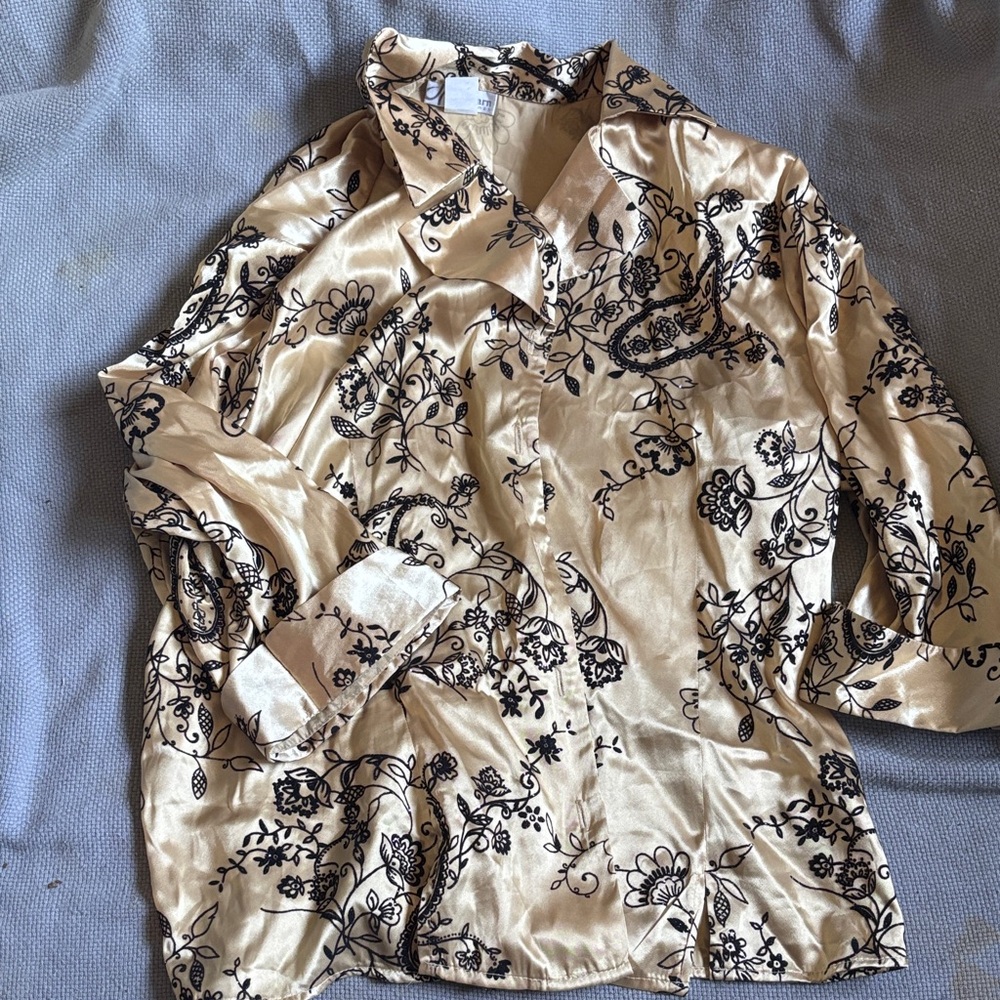 Velvet Floral on Silky Button-Up Shirt